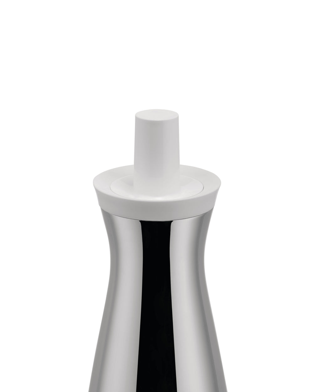Silver and white oil cruet by Alessi with a sleek, reflective, hourglass-shaped body and a white cylindrical top.