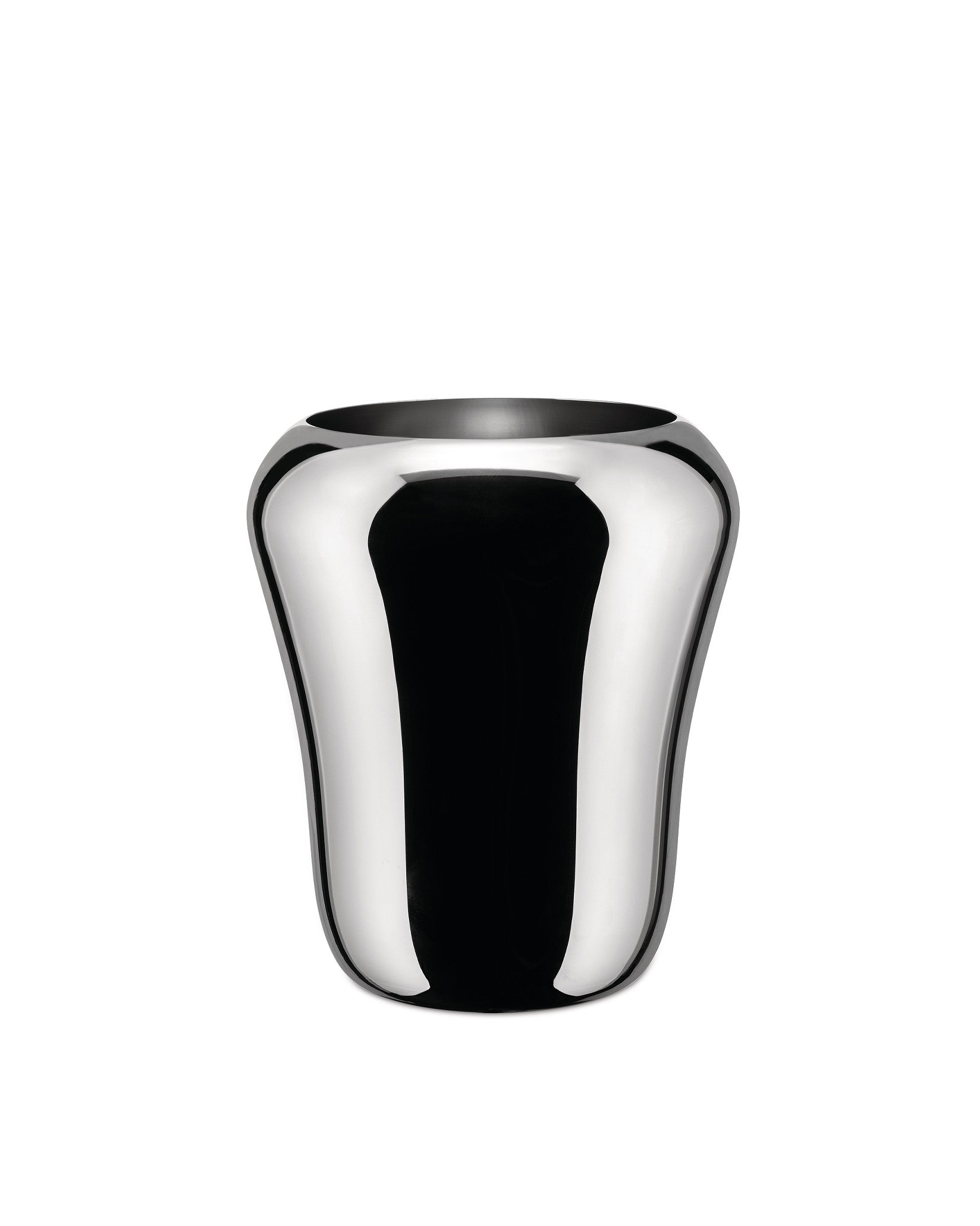 Shiny chrome Babà laundry basket by Alessi with a wide, curved silhouette and reflective surface.