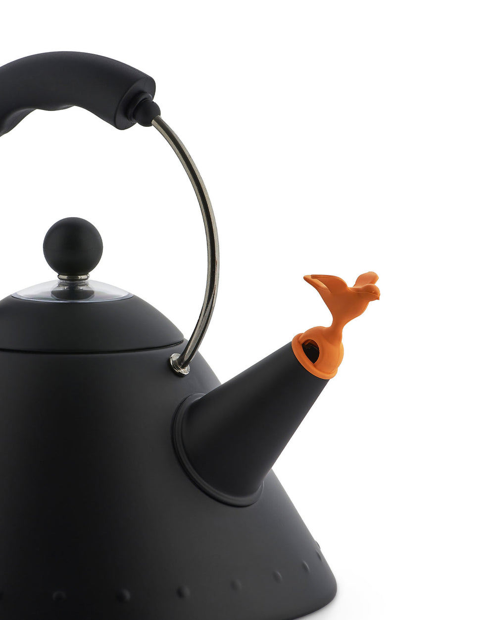 Black matte kettle by Alessi with a whimsical orange bird whistle, steel handle, and subtle raised dots.