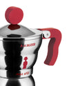 Polished stainless steel espresso coffee maker by Alessi with red handle, knob, and signature red branding.