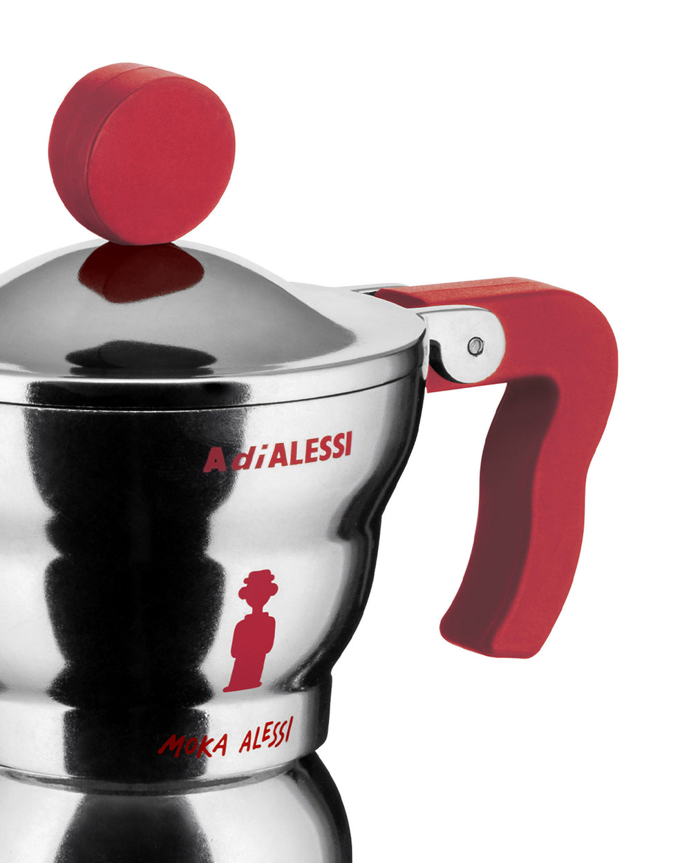 Polished stainless steel espresso coffee maker by Alessi with red handle, knob, and signature red branding.