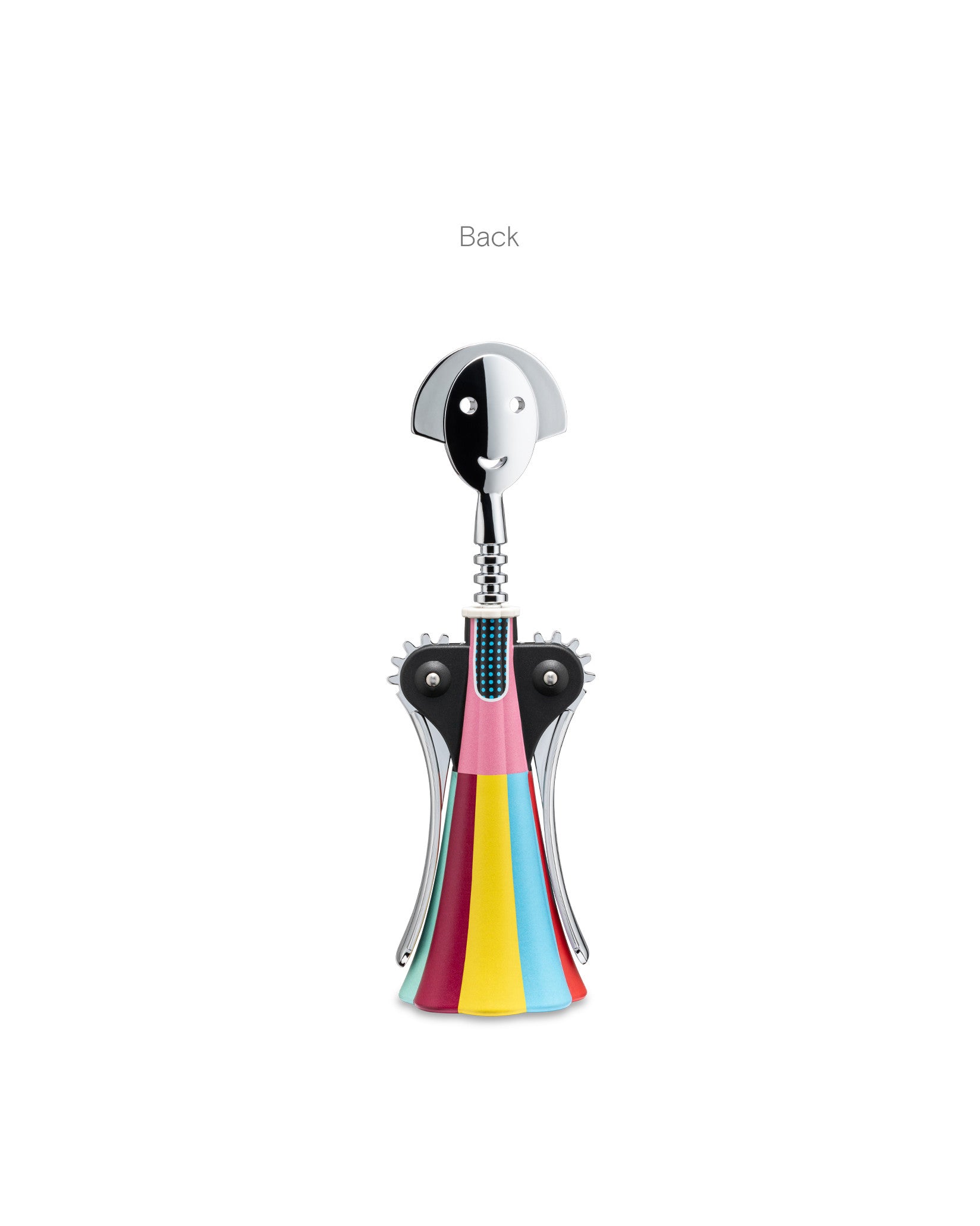 Multi-colored Anna G. corkscrew by Alessi, featuring a chrome smiling face and striped body, shown from the back.