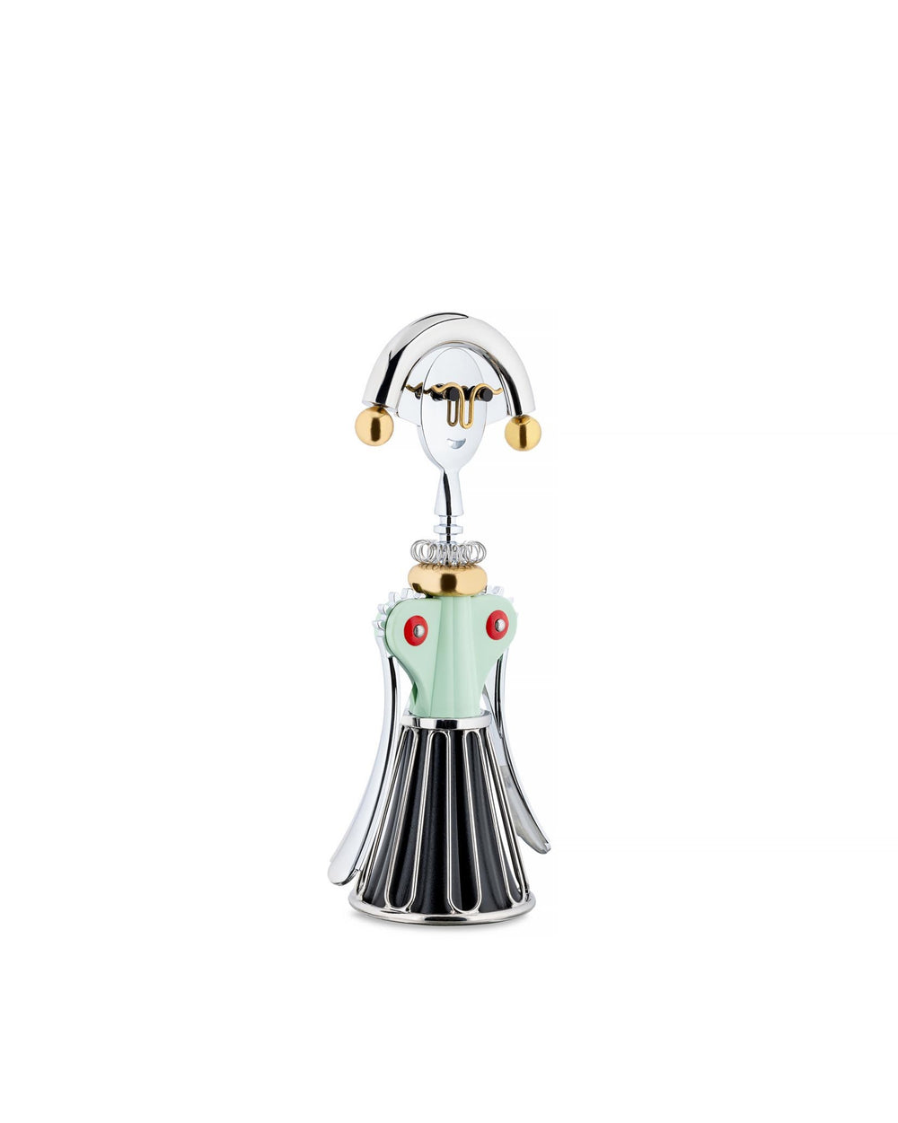 Metallic and mint green Anna G. corkscrew by Alessi, styled as a whimsical figure with gold accents and a fluted black base.