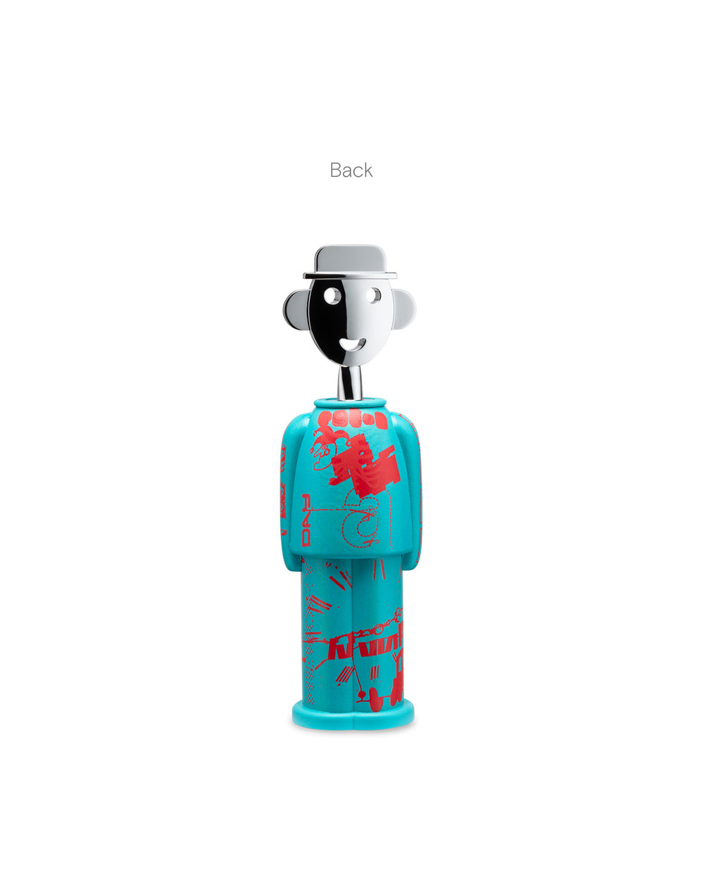 Man-shaped teal corkscrew by Alessi, back view with red graphic patterns.