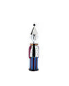 Alessandro M. corkscrew by Alessi, a whimsical figurine with a silver cone hat, dotted chest plate, and vertically striped body.