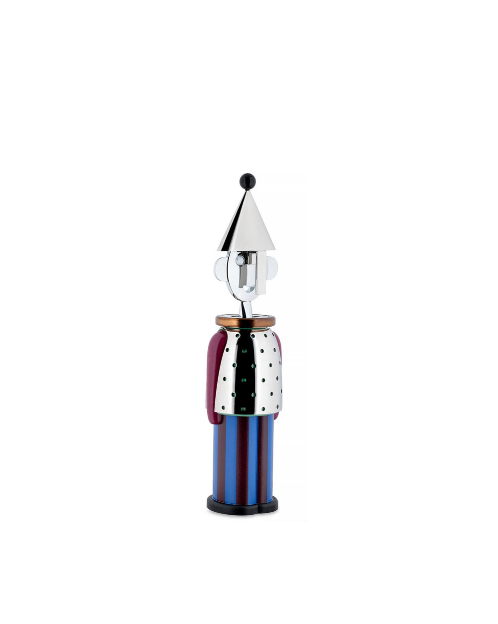 Alessandro M. corkscrew by Alessi, a whimsical figurine with a silver cone hat, dotted chest plate, and vertically striped body.