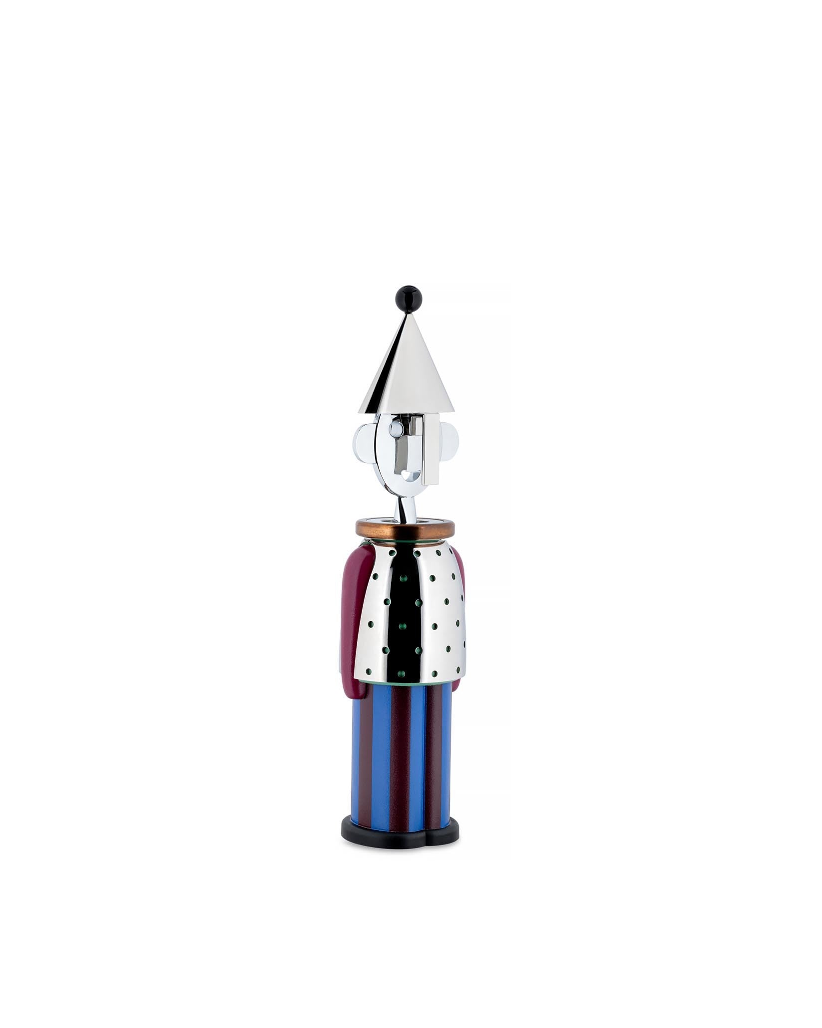 Alessandro M. corkscrew by Alessi, a whimsical figurine with a silver cone hat, dotted chest plate, and vertically striped body.
