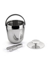 Stainless steel ice bucket by Alessi with black handle, a separate lid, and tongs.