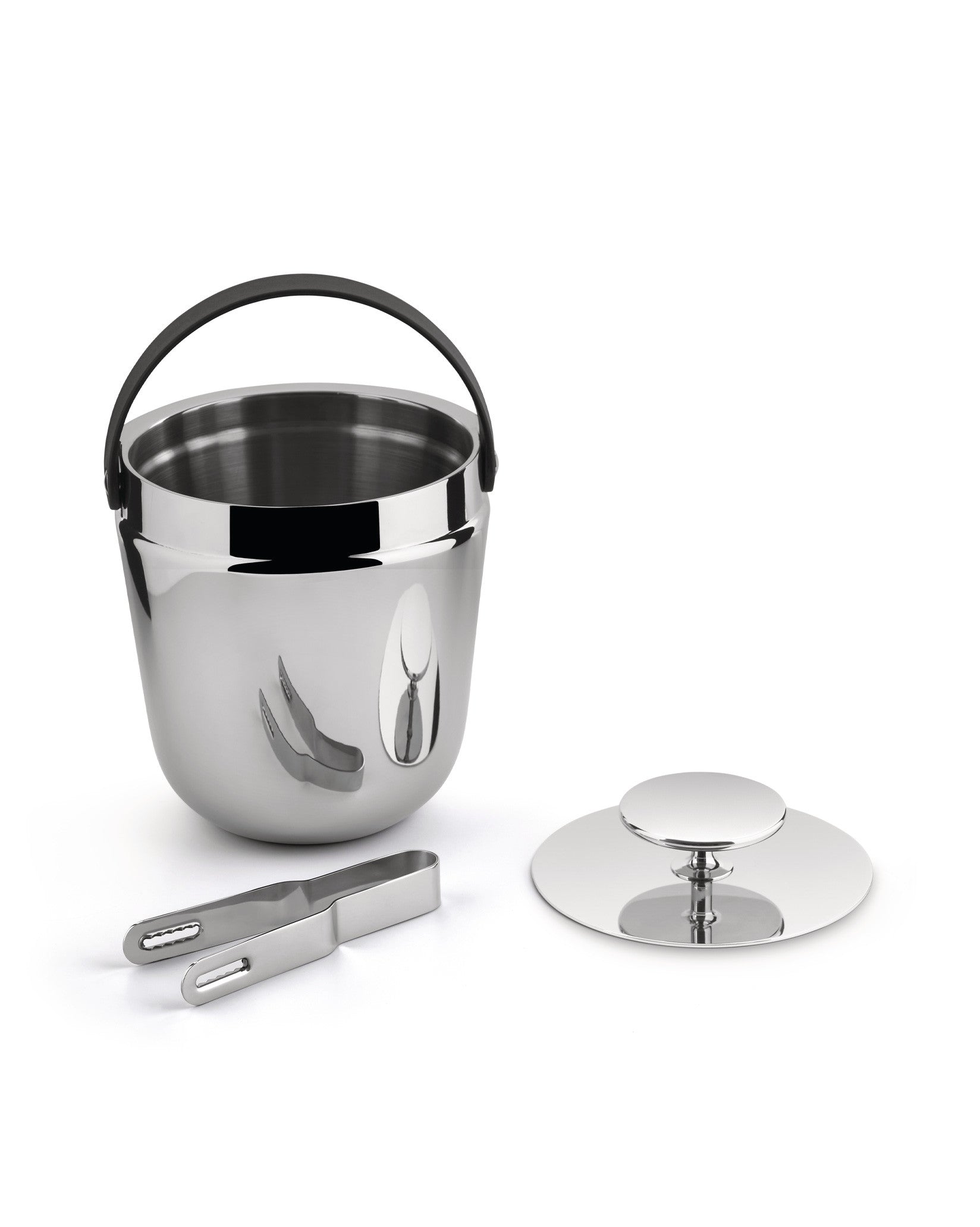 Stainless steel ice bucket by Alessi with black handle, a separate lid, and tongs.