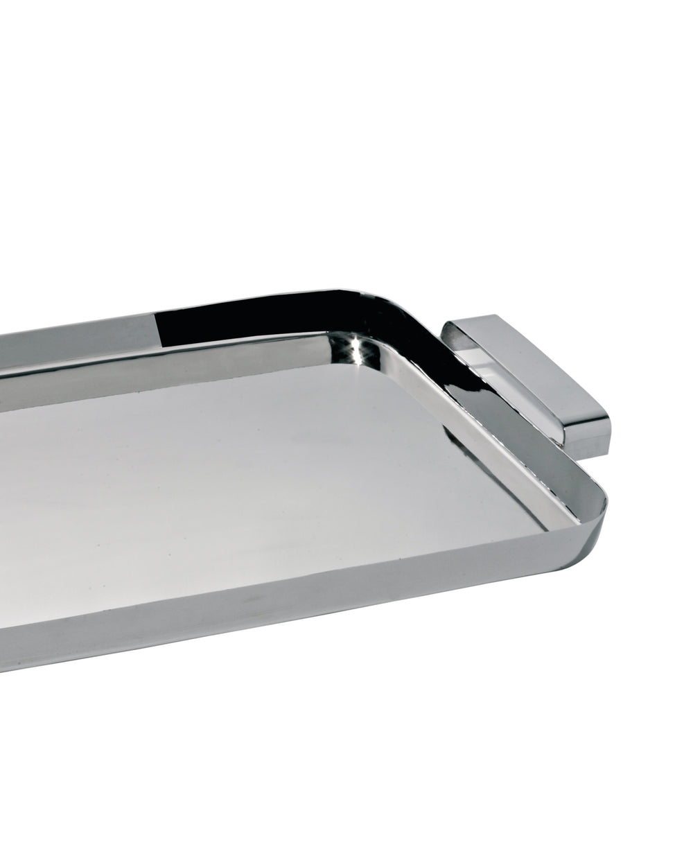 Sleek silver metal rectangular tray by Alessi with two distinct handles, one featuring a wide curve and black accent.