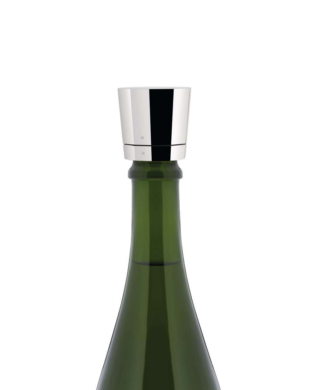 Silver metal stopper by Alessi on a dark green bottle, featuring reflective surfaces.