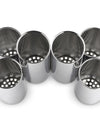 Six silver stainless steel cutlery holders by Alessi, arranged in rows with perforated bases on a white background.