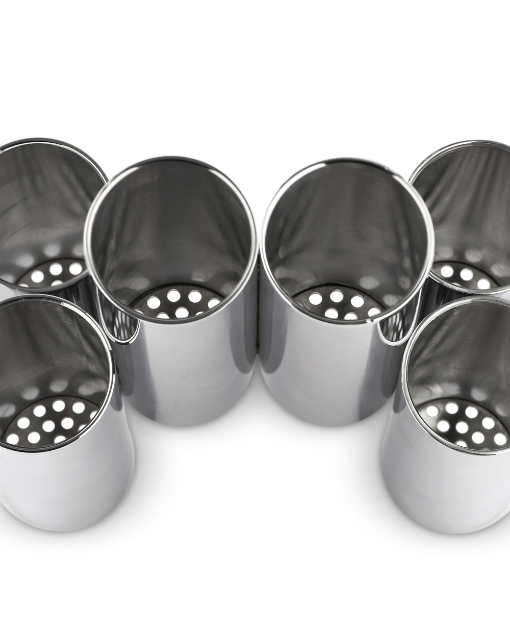 Six silver stainless steel cutlery holders by Alessi, arranged in rows with perforated bases on a white background.