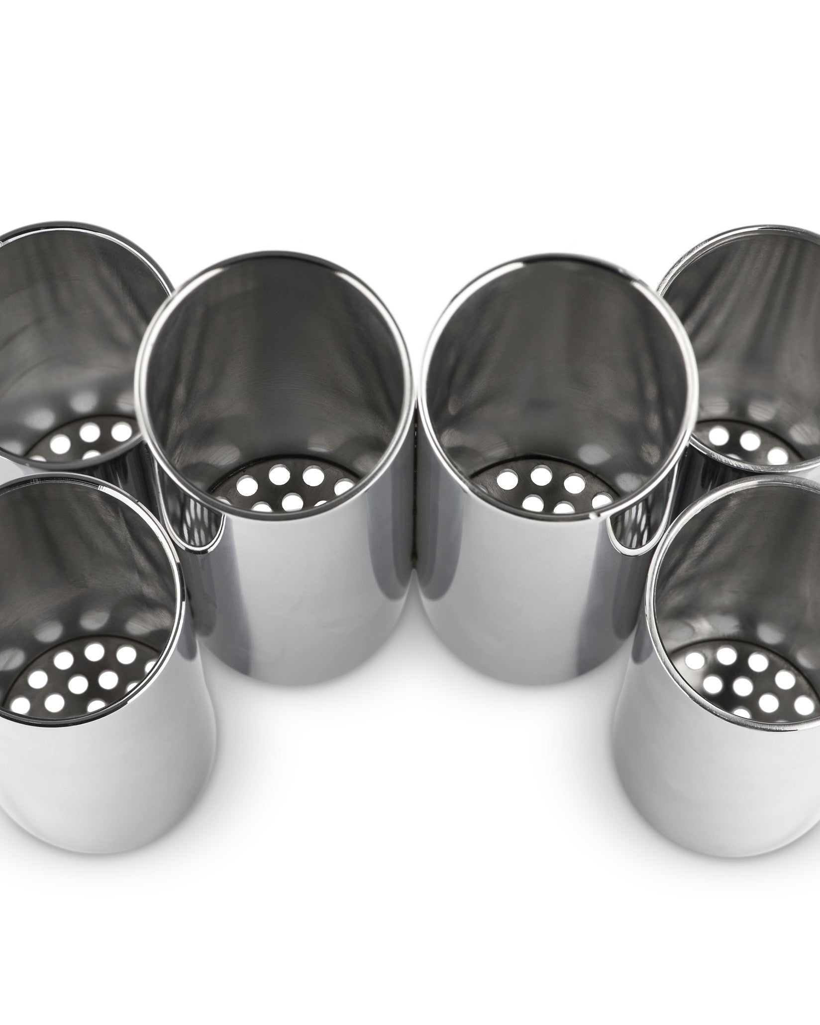 Six silver stainless steel cutlery holders by Alessi, arranged in rows with perforated bases on a white background.
