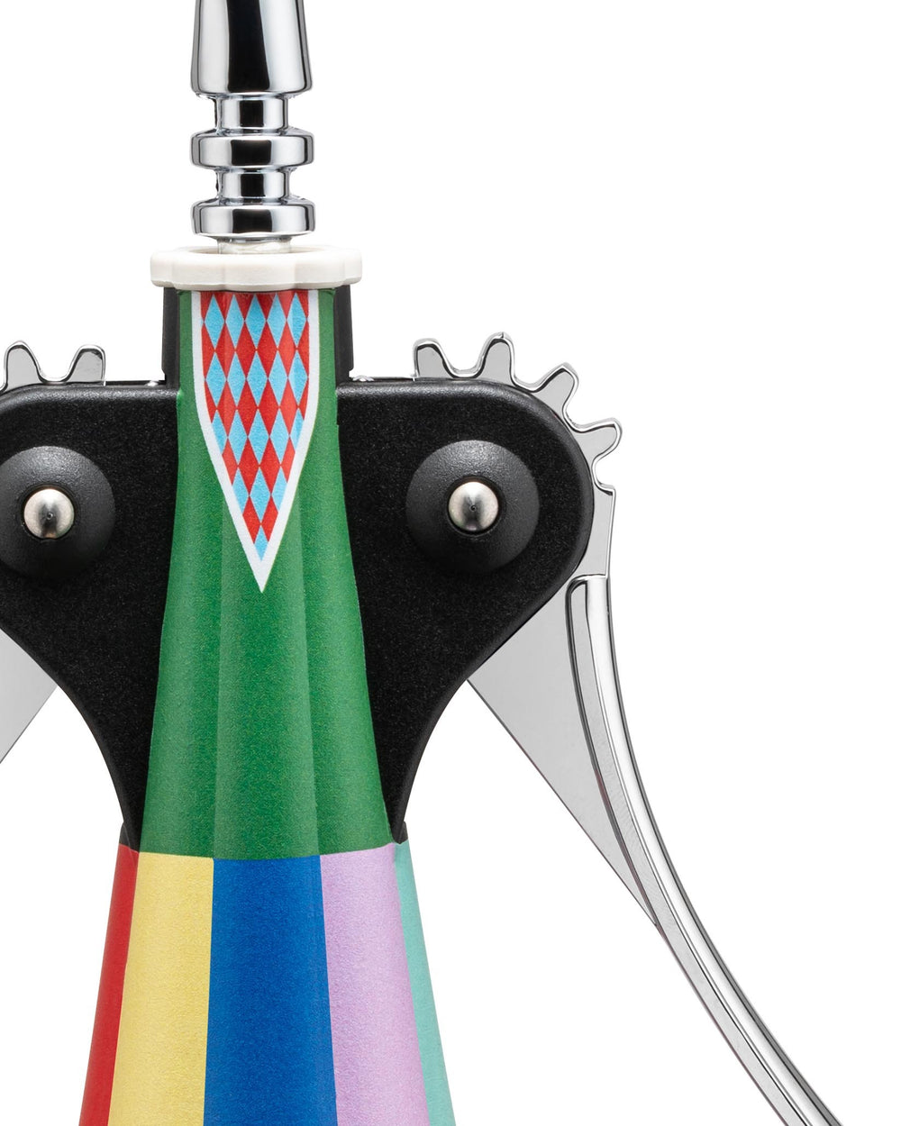 Colorful corkscrew by Alessi, cropped, with a chrome handle, black frame, green body featuring a red and blue diamond pattern, and a multi-color striped base.