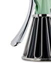 Mint green and chrome corkscrew by Alessi, with a black ribbed body and shiny chrome base, cropped.