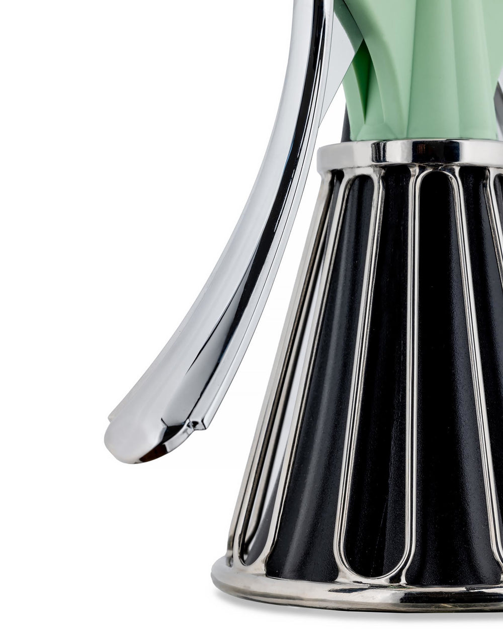 Mint green and chrome corkscrew by Alessi, with a black ribbed body and shiny chrome base, cropped.