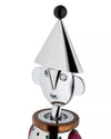 Chrome and wood corkscrew by Alessi, designed as a smiling figure with a conical hat and black ball top, on a wooden collar.