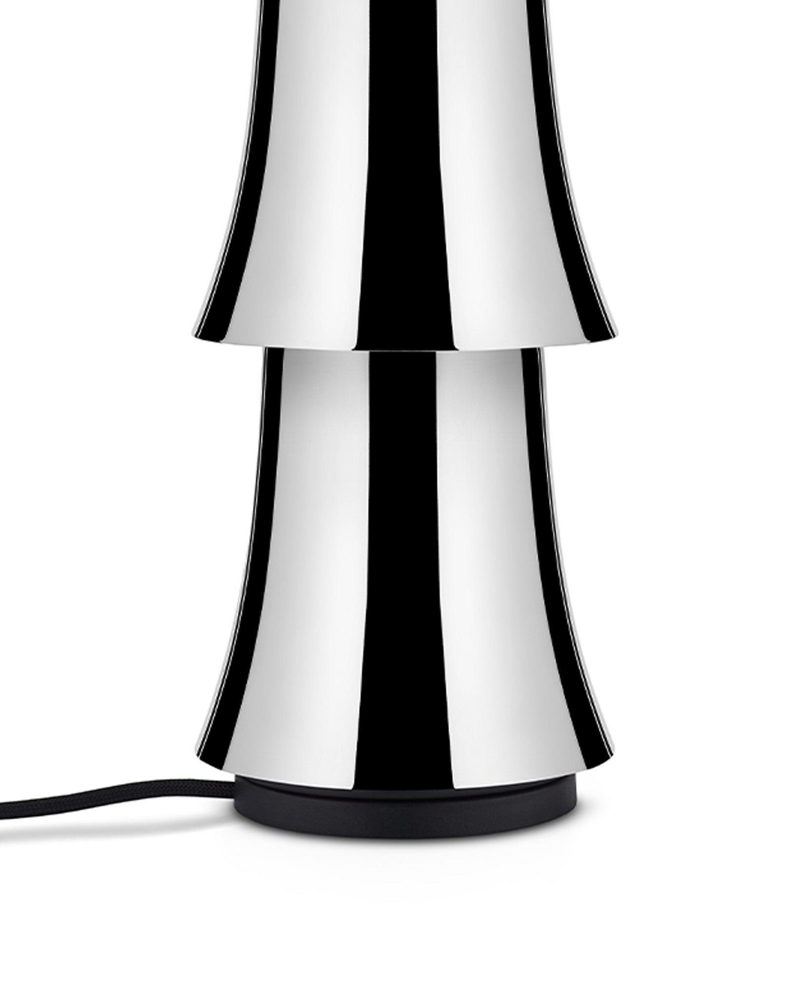 A glossy chrome Halesia lamp by Alessi, featuring two stacked, flared bell-shaped shades and a black base with a visible power cord.