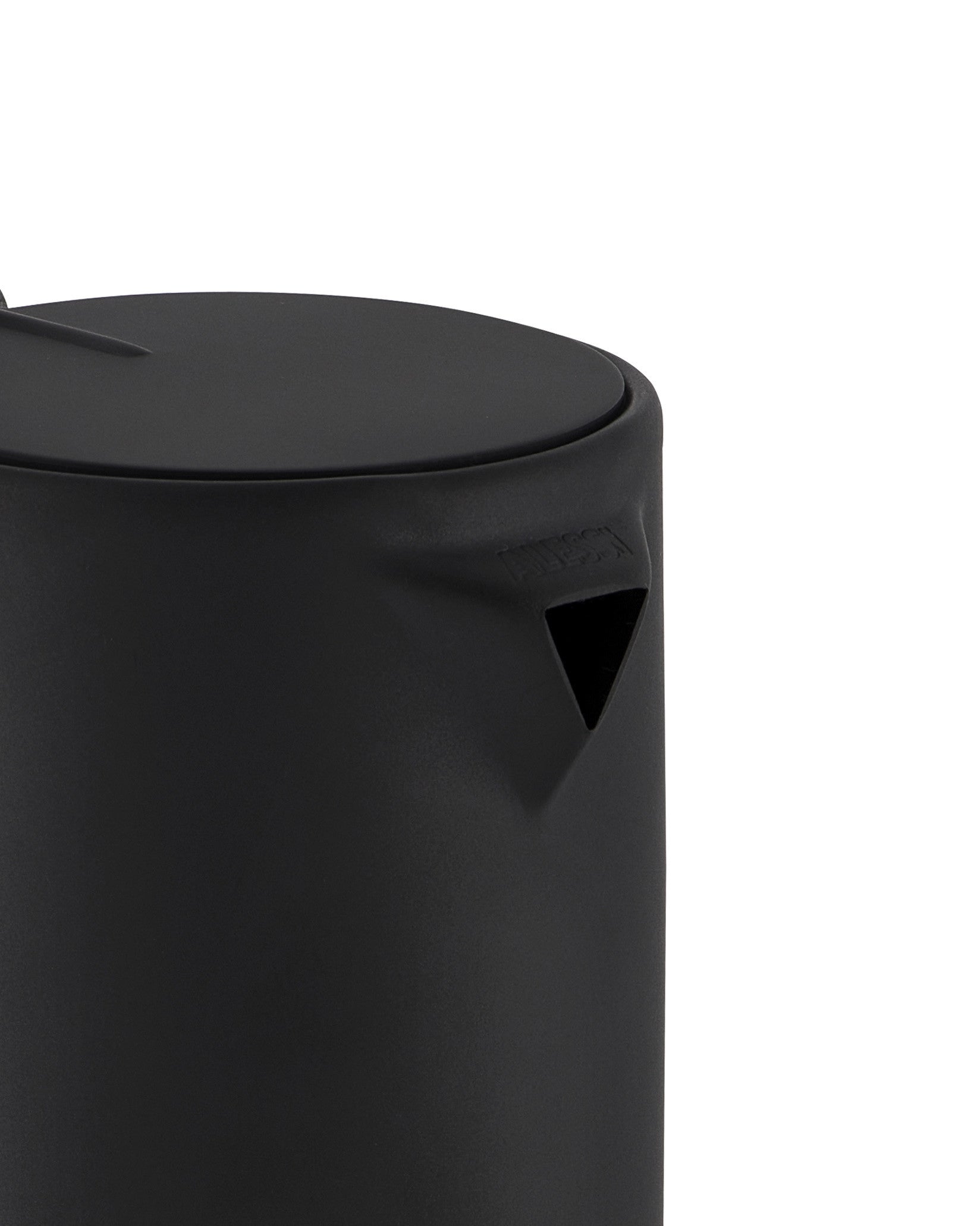 Matte black espresso coffee maker by Alessi, with a modern design and triangular pouring spout.