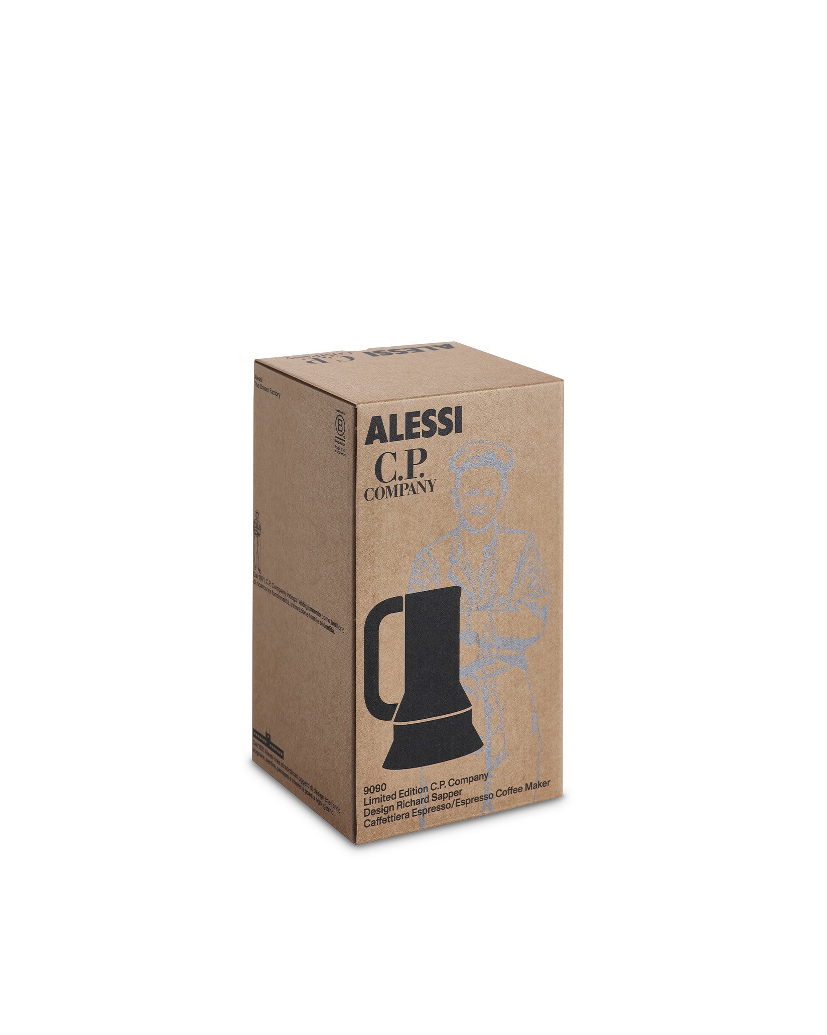 Espresso coffee maker by Alessi, in its brown cardboard packaging with a black silhouette and C.P. Company branding.