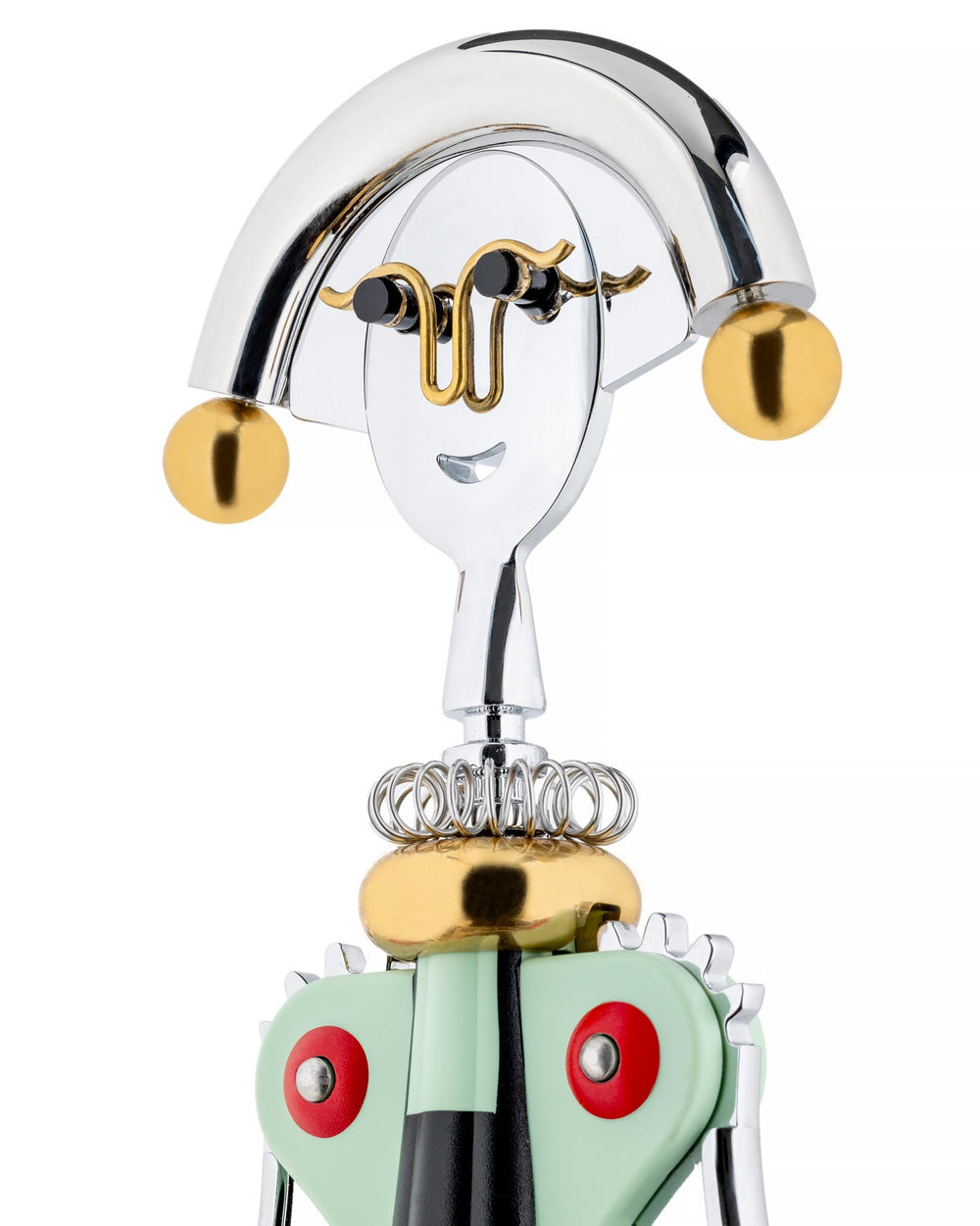 Chrome and gold corkscrew by Alessi, designed as a smiling woman with a light green body and red accents.