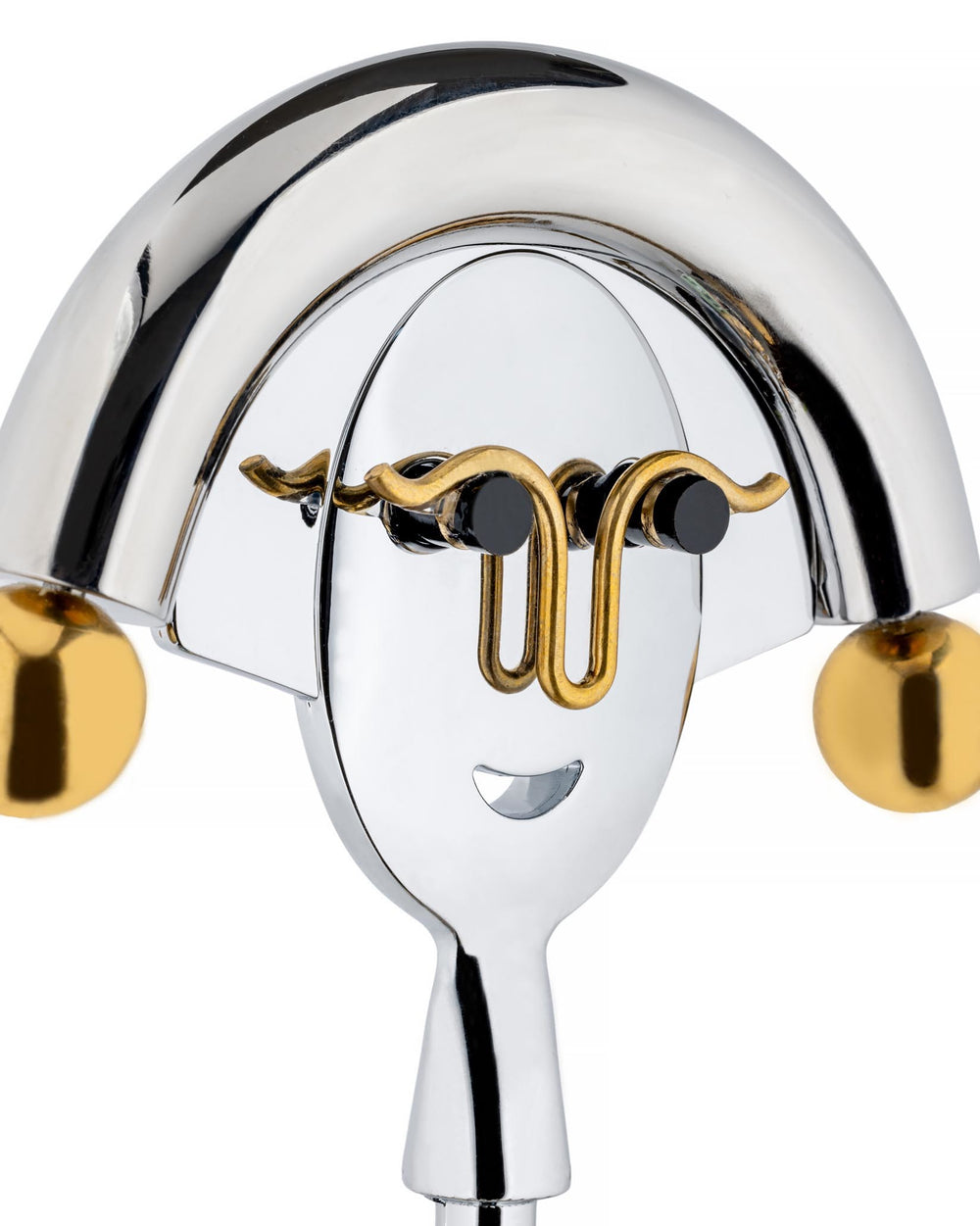 Chrome and gold corkscrew by Alessi, designed with a smiling face and curly gold accents.