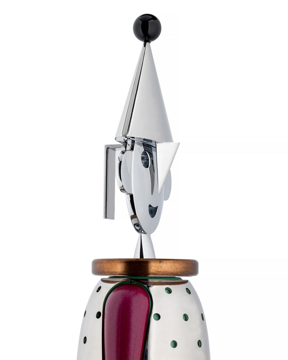 Chrome and purple corkscrew by Alessi, with a conical hat, black finial, smiling face, and polka-dotted body with a bronze ring.