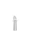 Silver oyster knife by Alessi with a fish scale patterned handle and a curved blade.