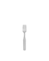 Silver fish fork by Alessi with a sleek handle and three tines, centered on white.