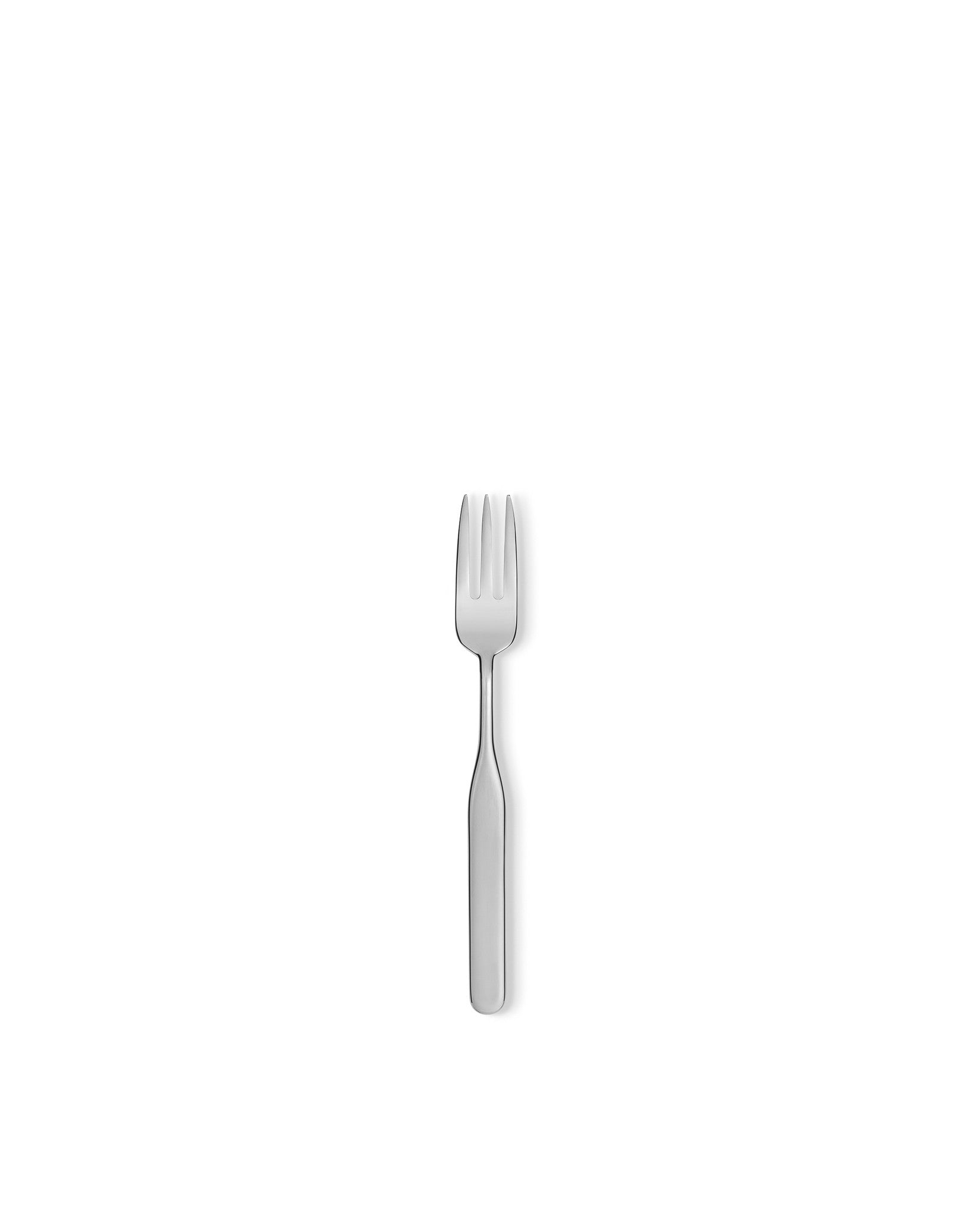Silver fish fork by Alessi with a sleek handle and three tines, centered on white.
