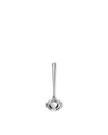 Polished silver metal ladle by Alessi, featuring a slender handle and rounded bowl, shown vertically.