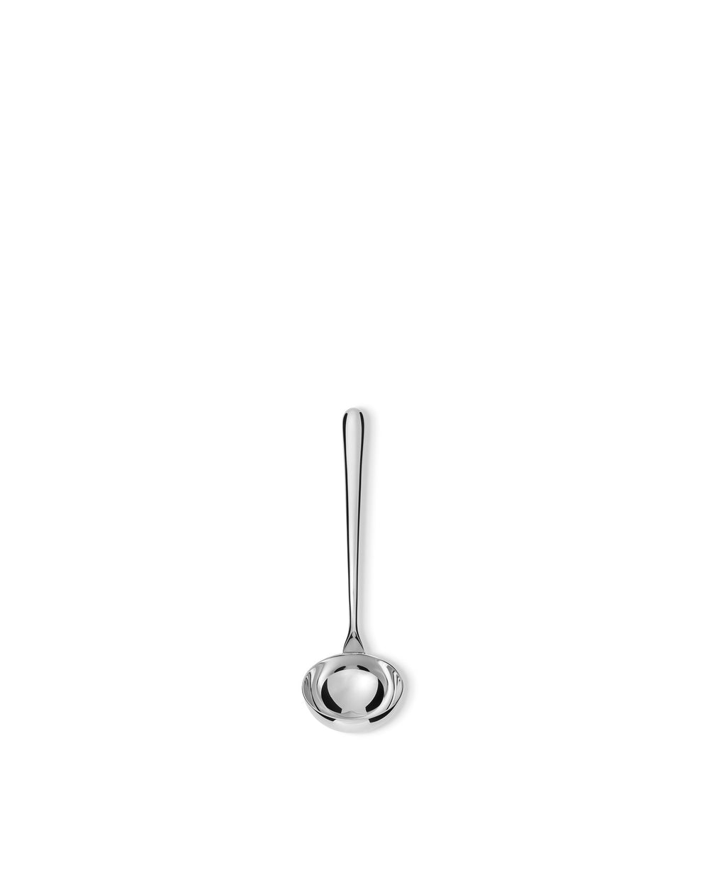 Polished silver metal ladle by Alessi, featuring a slender handle and rounded bowl, shown vertically.