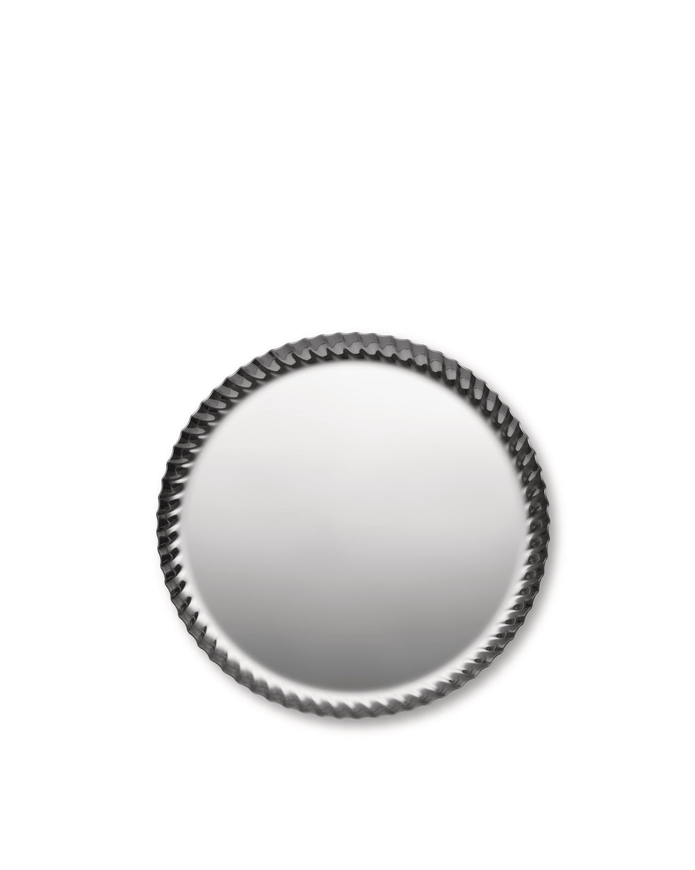 Round metallic tray by Alessi with a dark gray pleated rim, casting a soft shadow.
