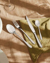 Polished silver flatware set by Alessi, with striped handles, including a knife, fork, and two spoons, on green and brown linen.