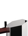 Metal espresso coffee maker by Alessi in silver, black, and brown with a geometric, angular design.