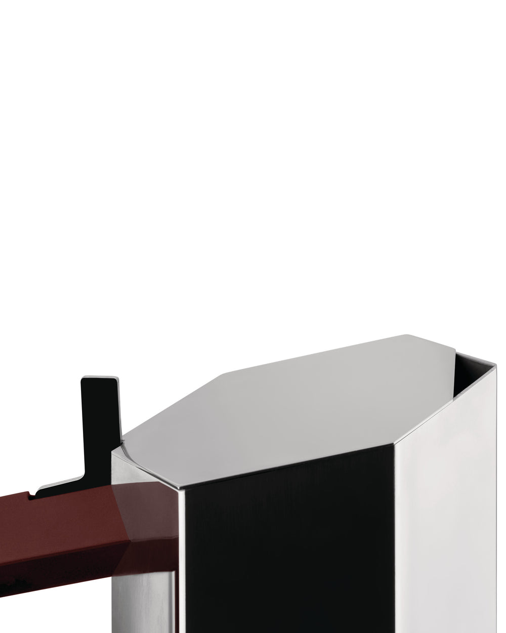 Metal espresso coffee maker by Alessi in silver, black, and brown with a geometric, angular design.