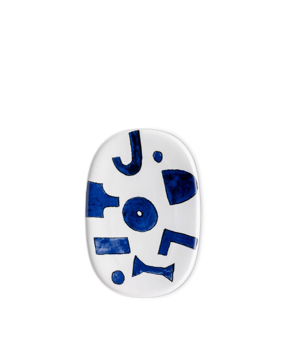 White oval serving dish by Alessi, decorated with various abstract blue shapes and dots.