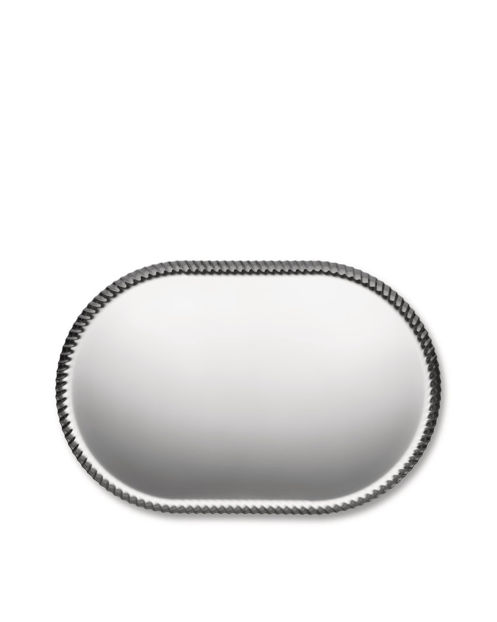 Silver oval tray by Alessi with a pleated, ridged edge against a white background.