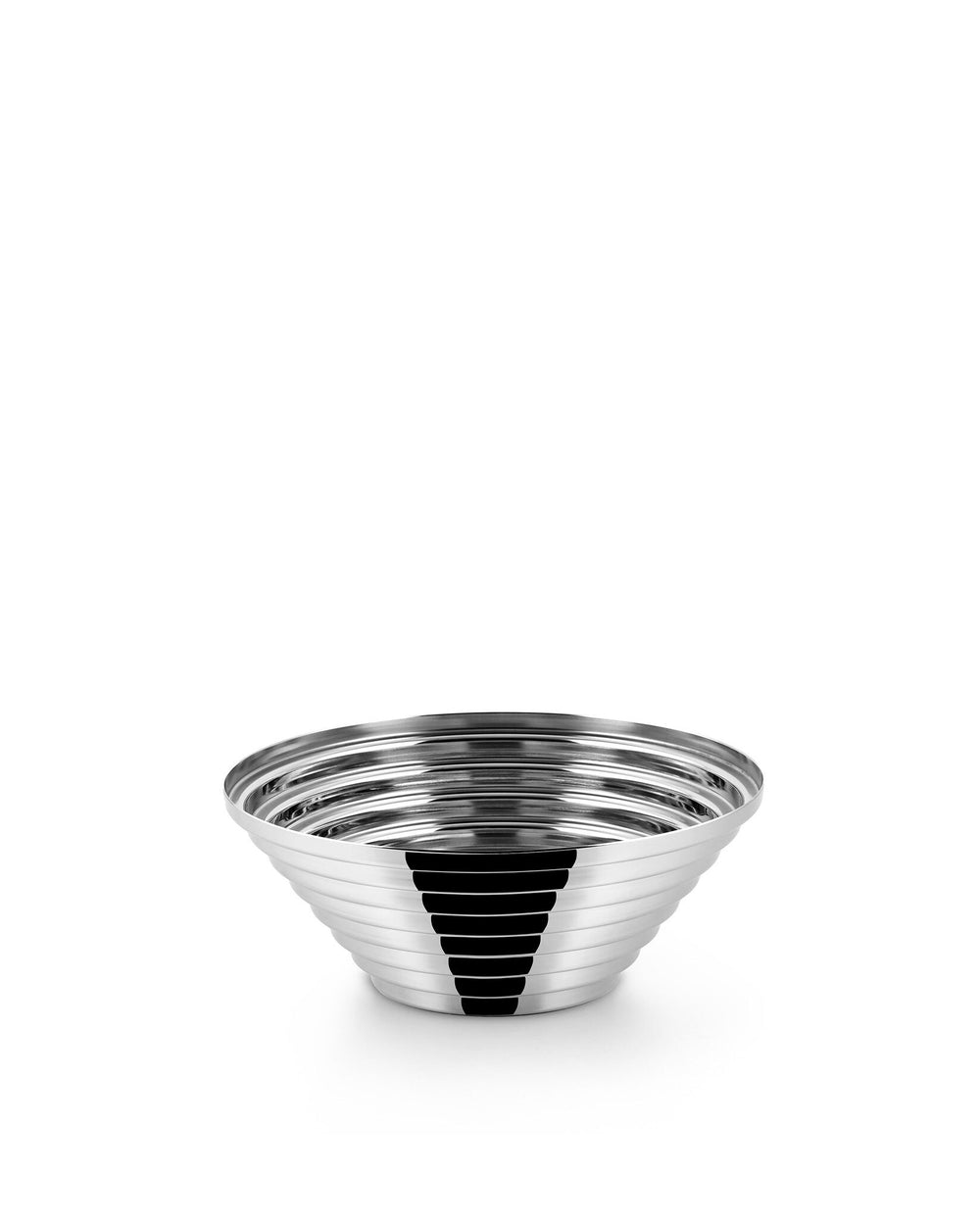 Silver stainless steel bowl by Alessi with a ribbed, conical design and reflective surface.