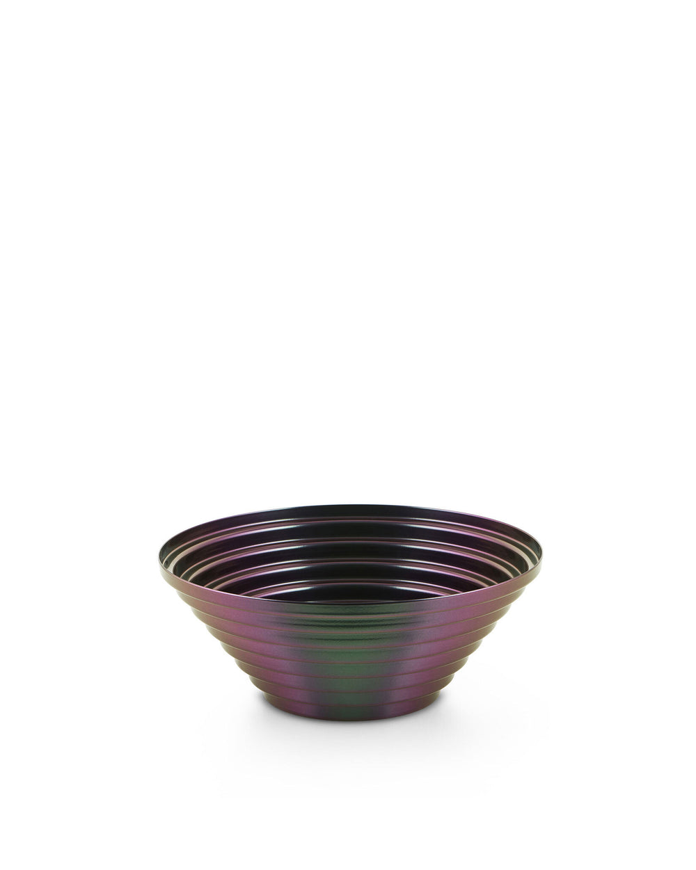 Iridescent metallic bowl by Alessi with concentric rings on a white background.