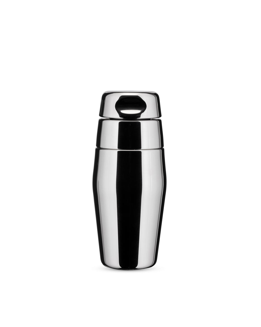 Polished stainless steel cocktail shaker by Alessi, with a three-part design and sleek curved body.