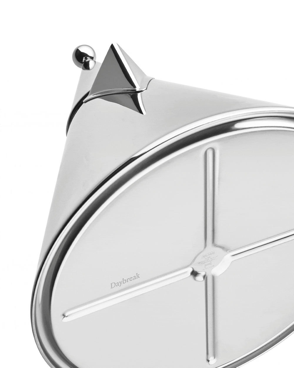 Polished stainless steel conical kettle by Alessi, with a spherical knob, triangular accent, and 'Daybreak' text on its base.