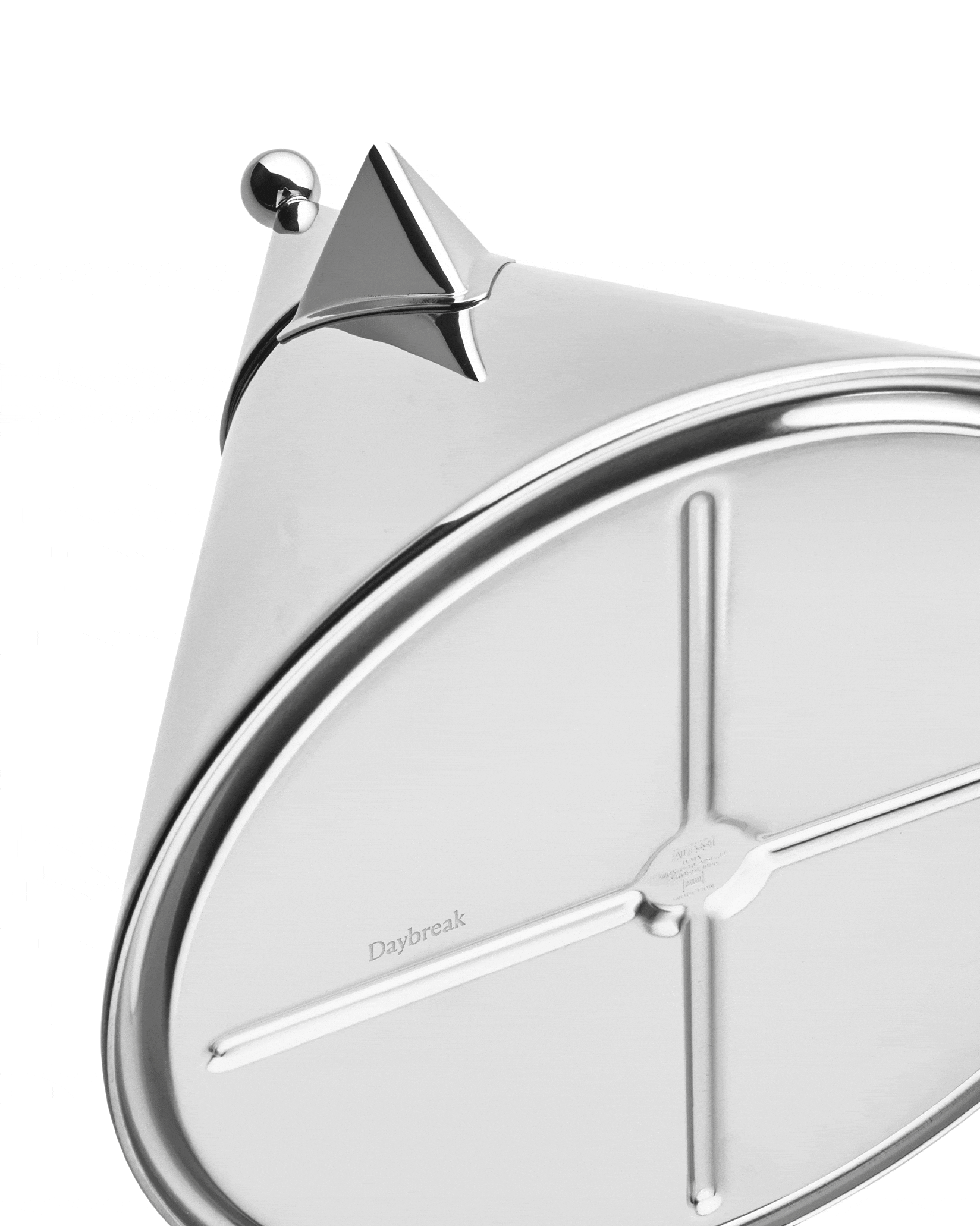 Polished stainless steel conical kettle by Alessi, with a spherical knob, triangular accent, and 'Daybreak' text on its base.
