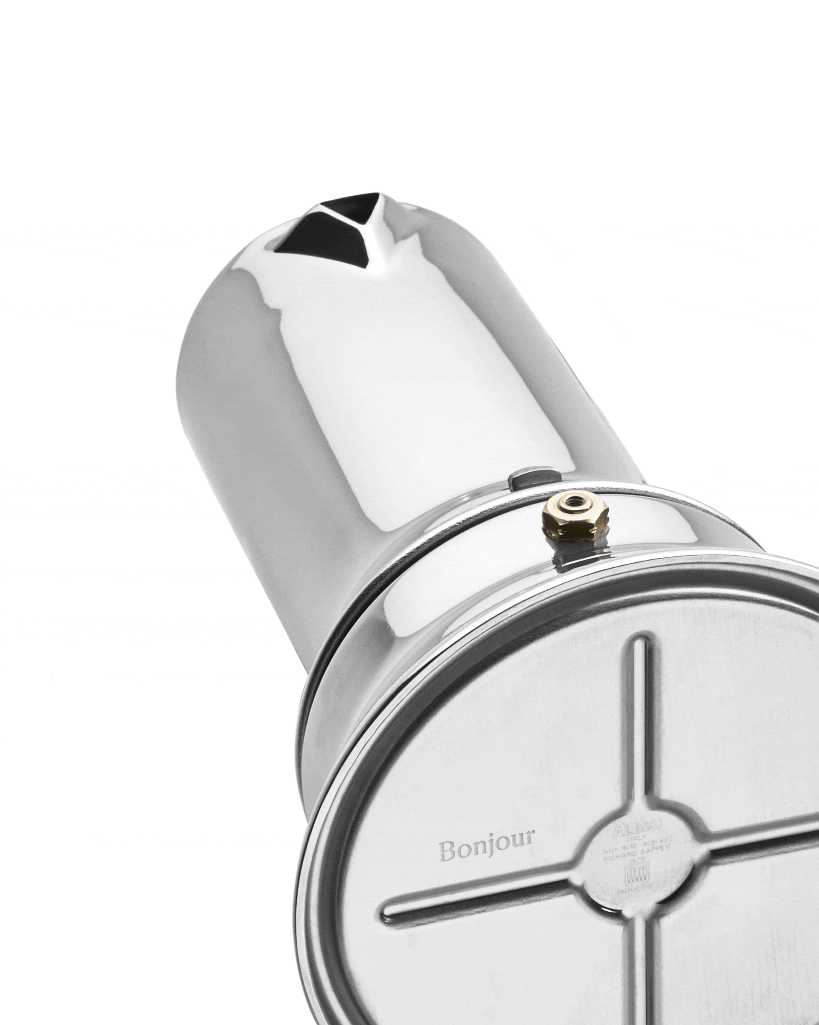 Silver stainless steel stovetop espresso maker by Alessi, with a brass safety valve and 'Bonjour' text, seen from a high angle.