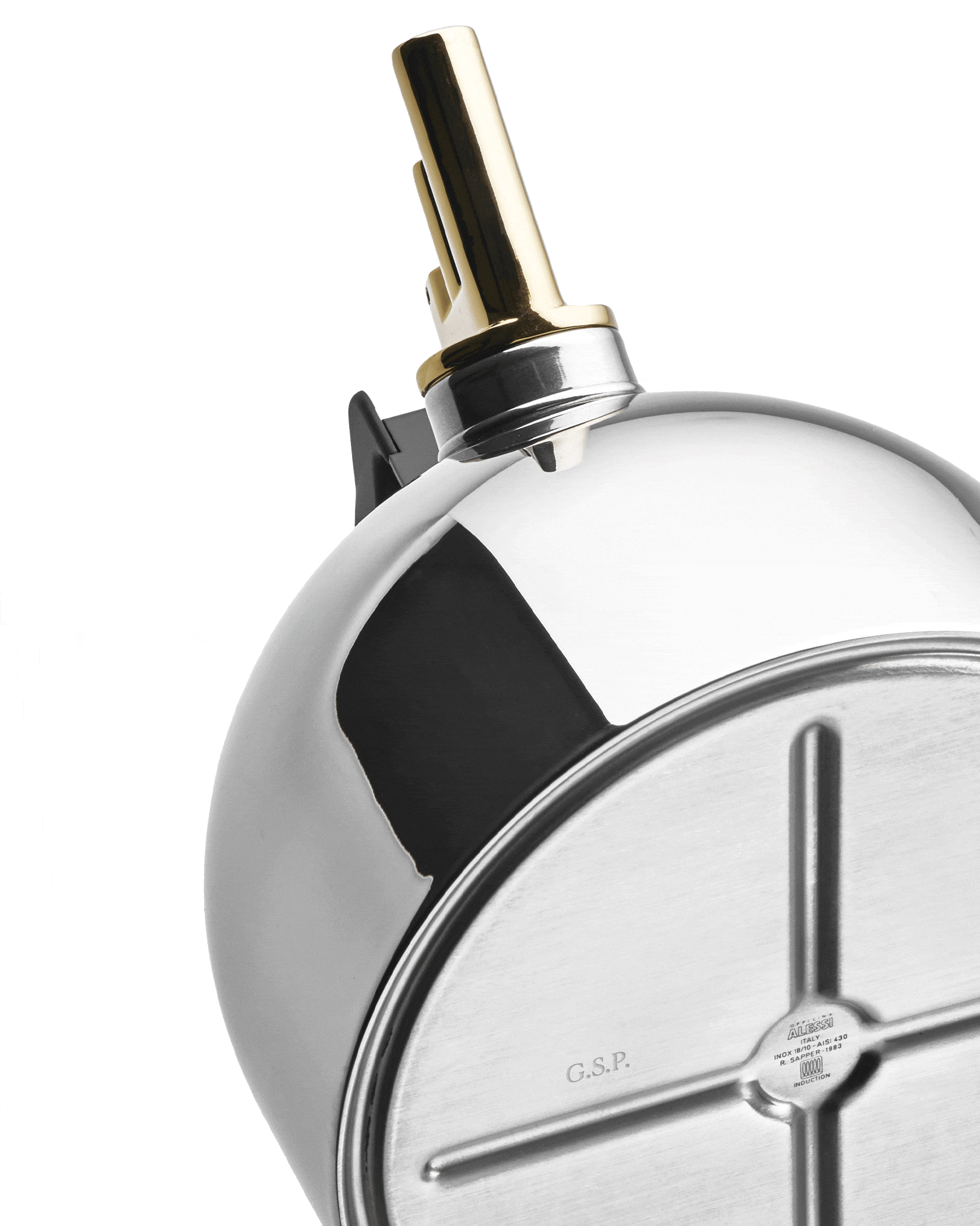 Polished stainless steel kettle by Alessi with a gold-tone spout, showing the base marked G.S.P. and INDUCTION.