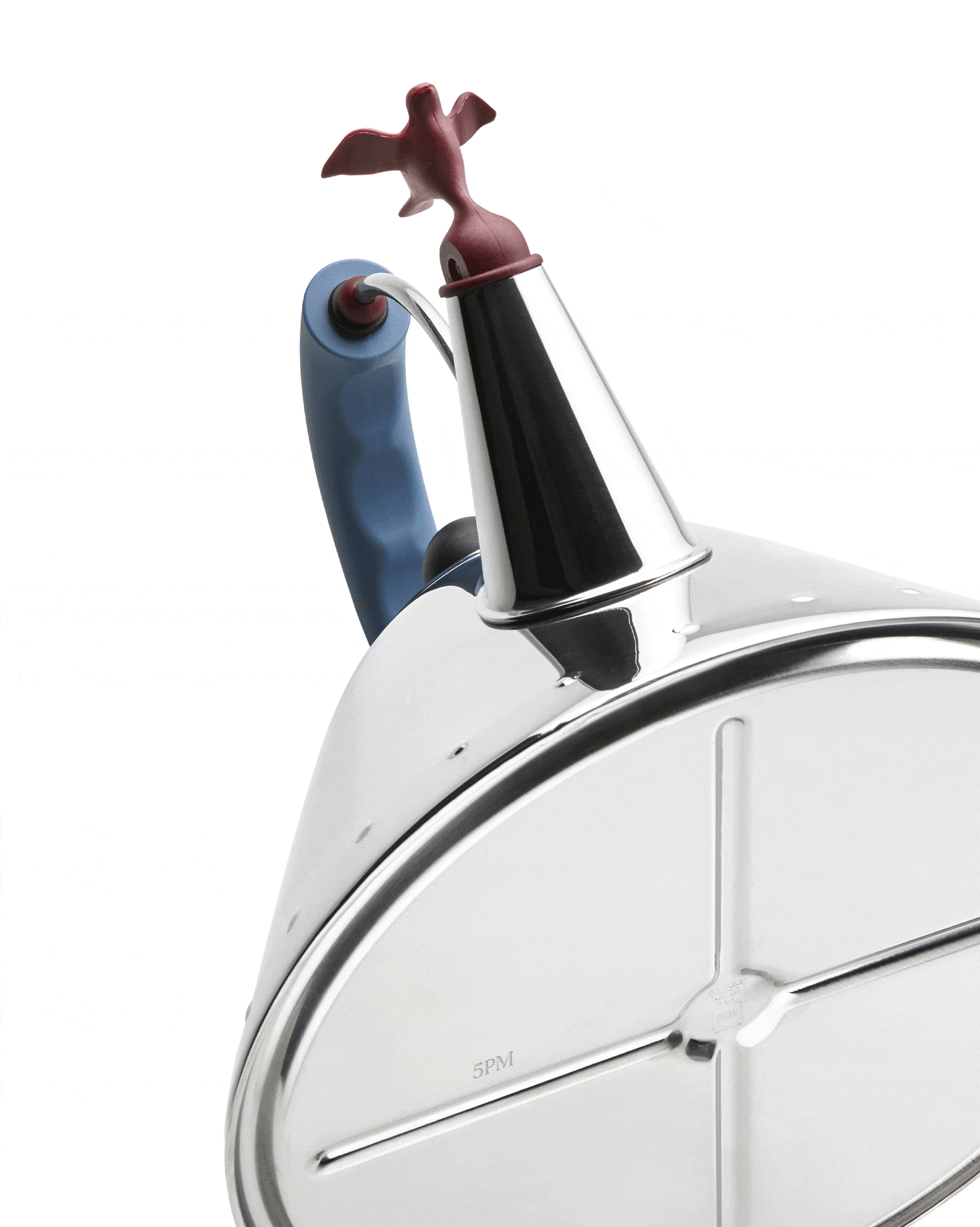 Silver metal whistling kettle by Alessi with a blue handle and a red bird whistle, angled view showing '5PM' on the base.