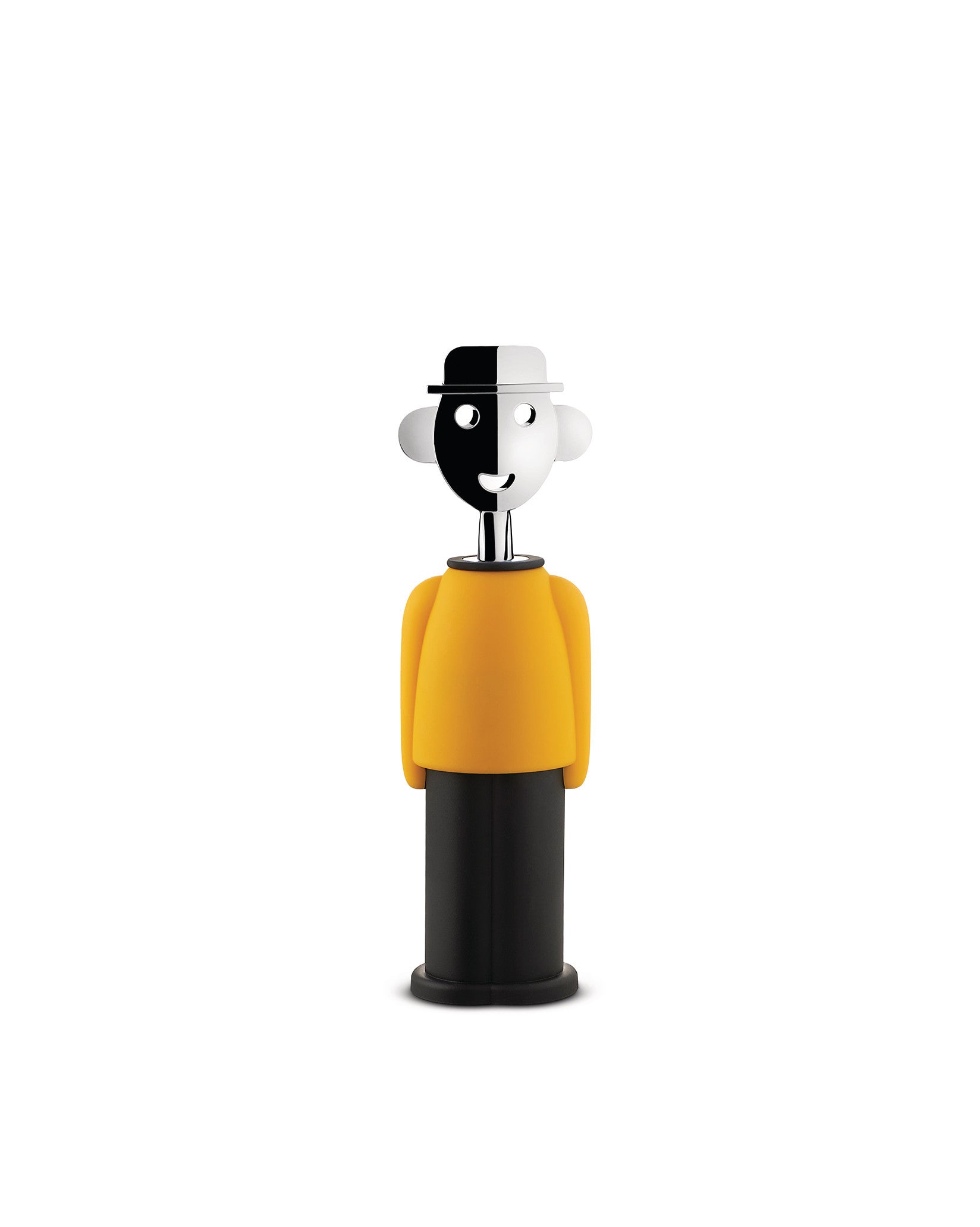 Yellow and black Alessandro M. corkscrew by Alessi, featuring a humanoid figure with a split black and white face and hat.