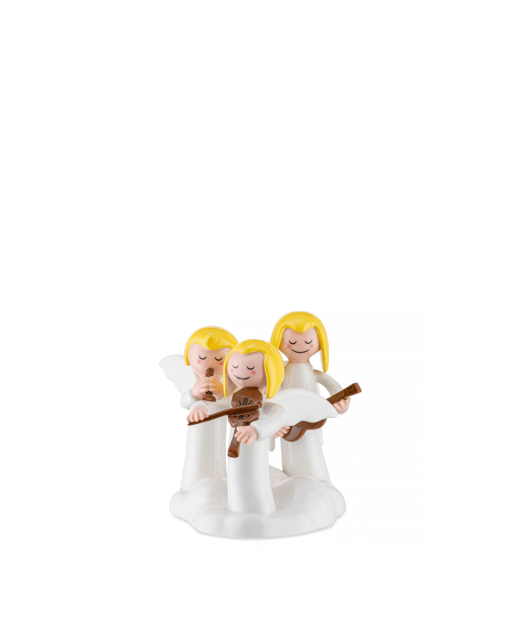 Three white ornamental angelic figurines by Alessi, with yellow hair, playing flute, violin, and guitar on a cloud base.