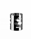 Polished silver metal holder by Alessi, featuring the iconic Girotondo 'little men' cutout pattern and 'Eleonor' text engraved vertically.
